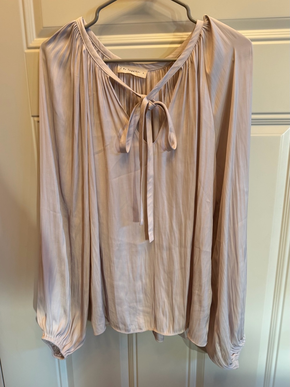 By Together Beige Tie-Neck Peasant Blouse, Size S